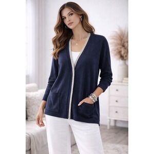 NWT $88 Armani Exchange Chic Navy Blue Linen Cotton Cardigan Metallic Trim Large